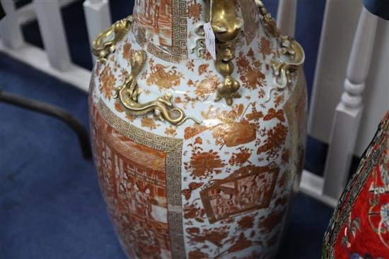 A large Chinese Canton-decorated coral red and gilt decorated vase, 19th century, 89cm, damaged